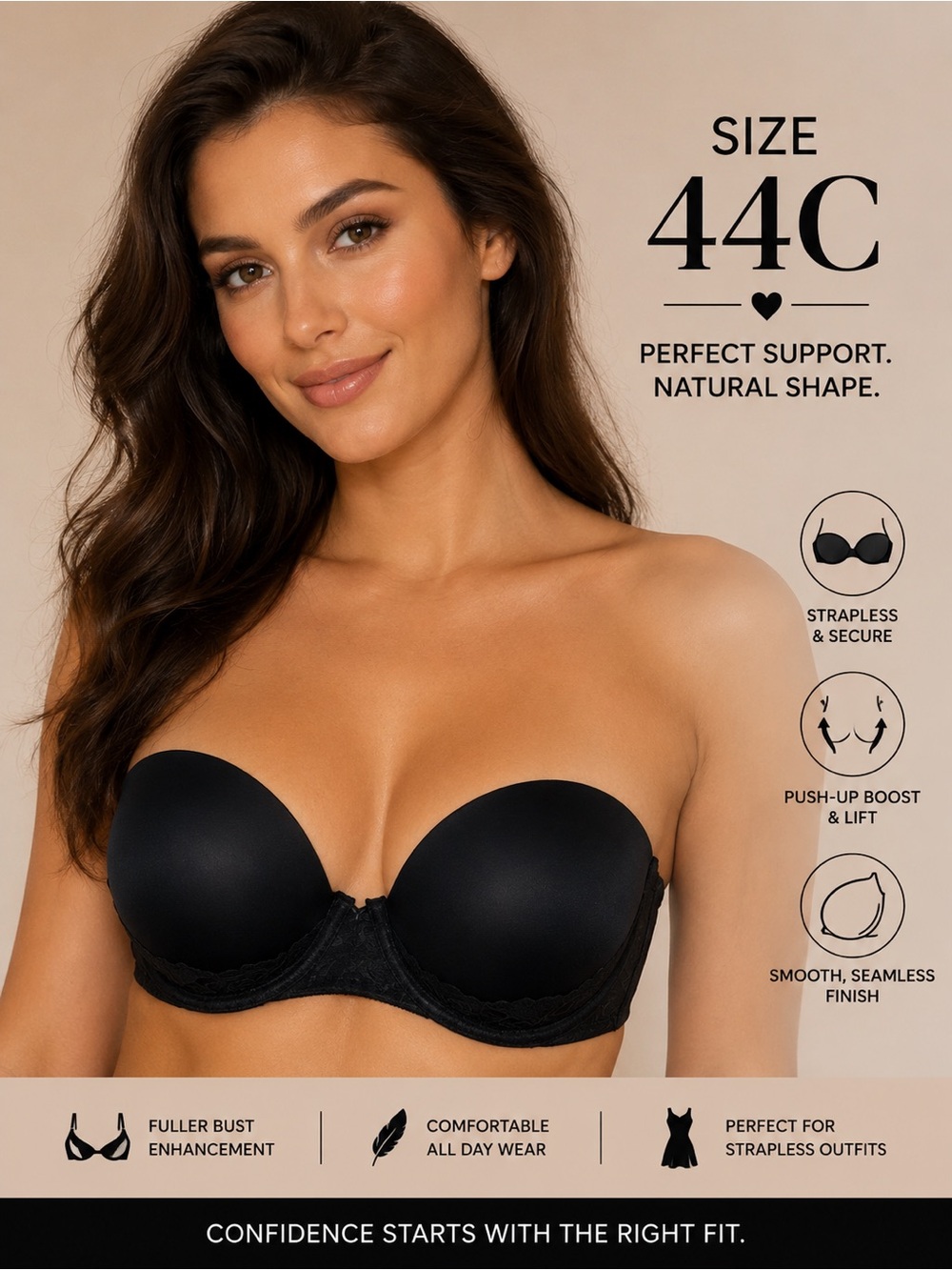 Torrid Curves Black Strapless Push-Up Bra Size 44C Smooth Lace Trim